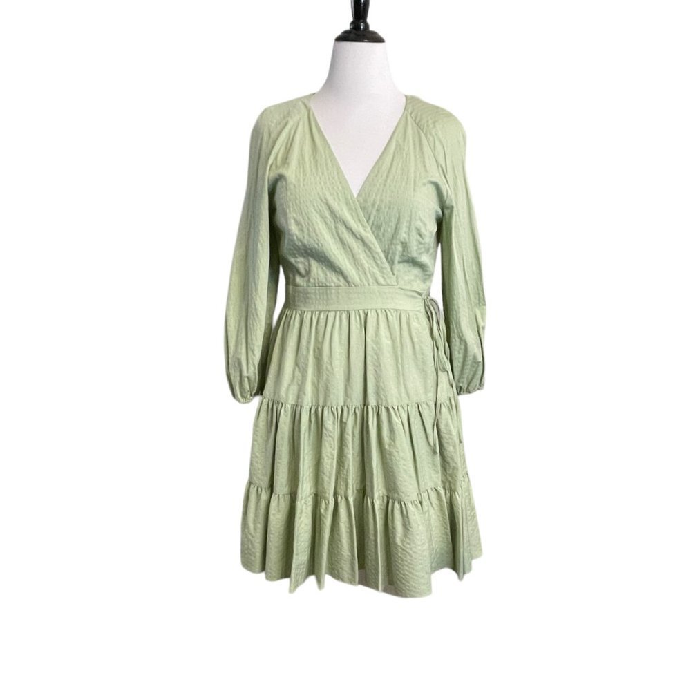 Gianni Bini Spring Sage Green Wrap V Neck Dress Long Sleeve Cotton EUC Large